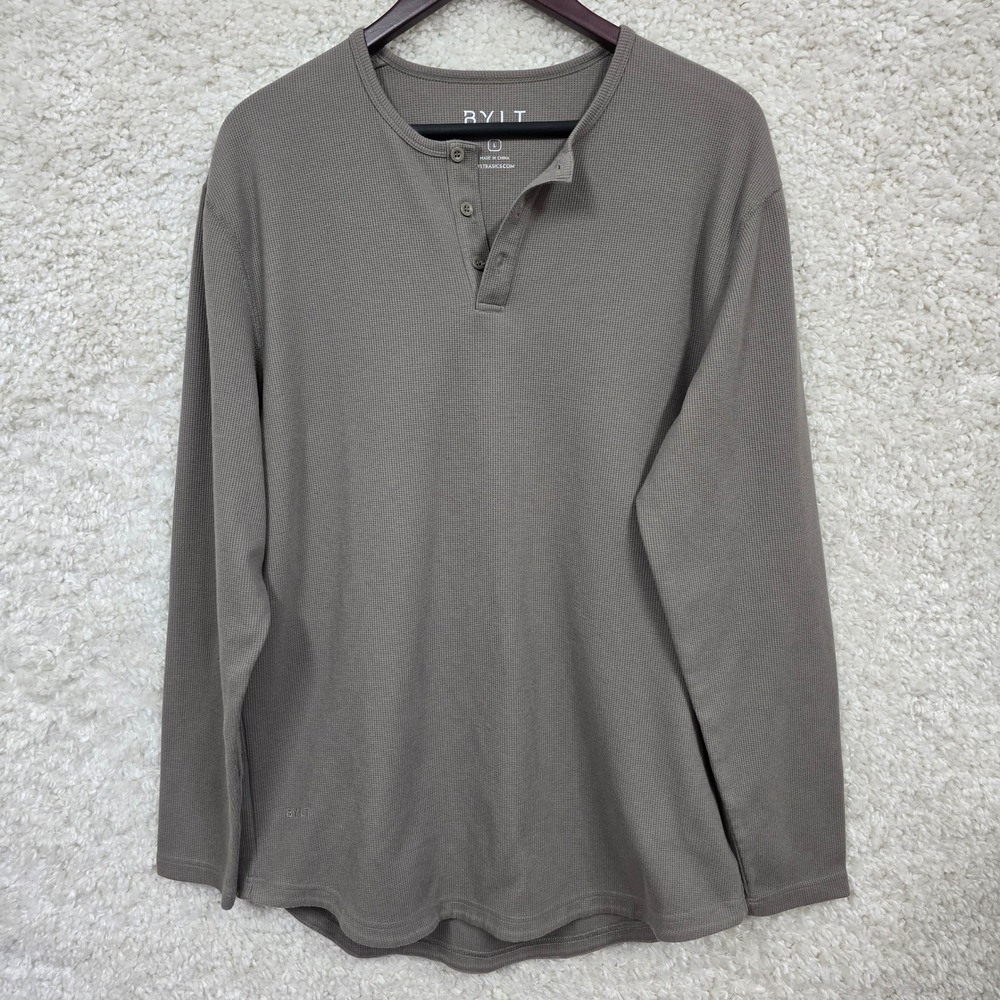 BYLT Premium Basics Henley Men L Gray Long Sleeve Waffle‎ Knit Drop Cut Shirt